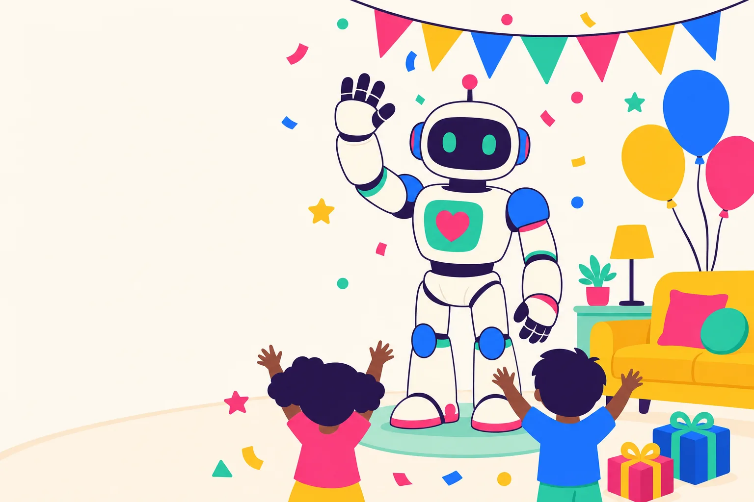 A friendly humanoid robot waving in a living room decorated with balloons and bunting, confetti falling, with two children watching from behind.