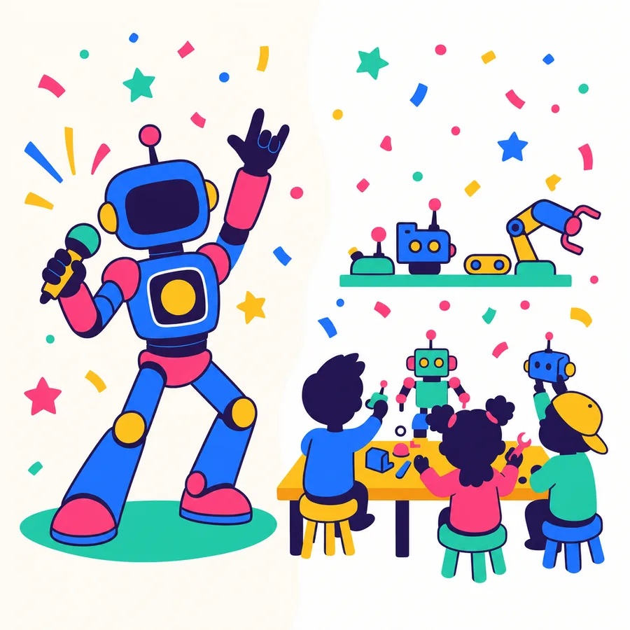 A split scene: a large humanoid robot performing on one side, children building small robots at a table on the other, confetti between them.