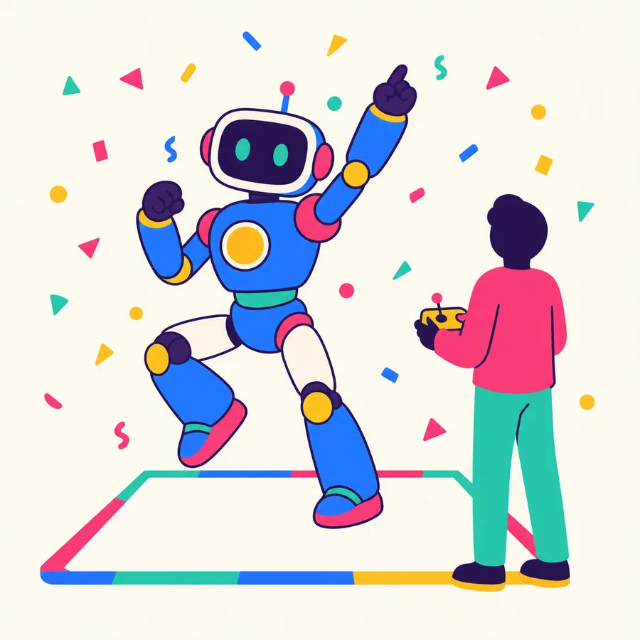 A large humanoid robot in a dance pose inside a marked-out floor area, with an operator standing beside it holding a controller.