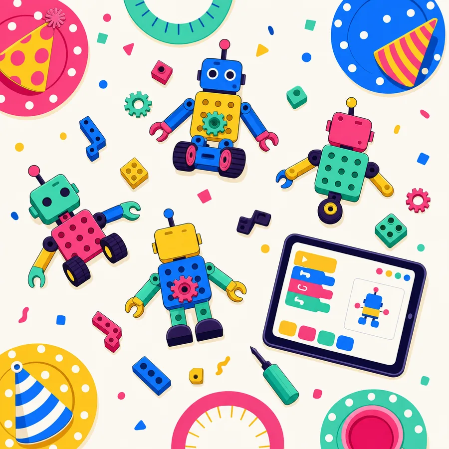 A party table seen from above with part-built robot kits, coloured bricks, gears and a tablet showing block code.