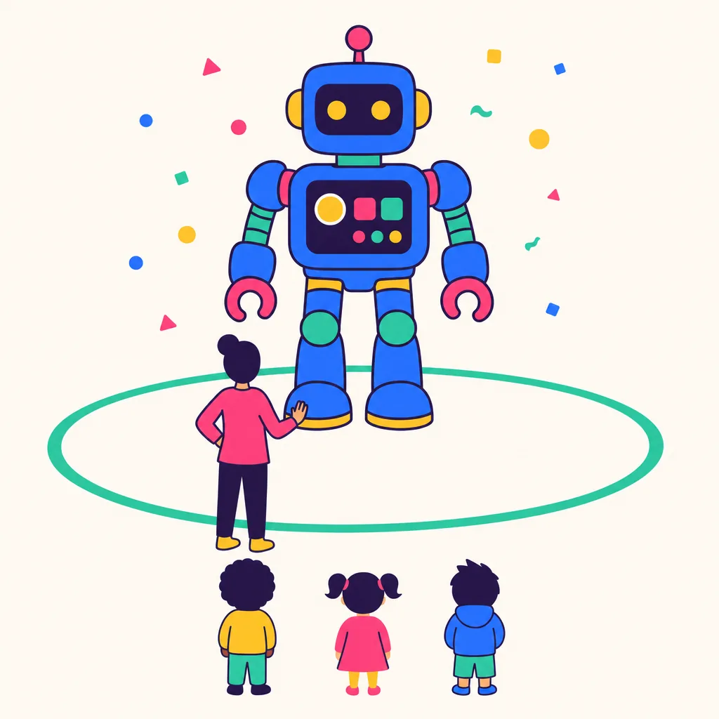 A large robot standing inside a clearly marked floor boundary, with an adult standing between it and three children.